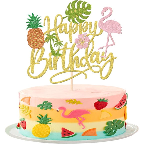 1 PCS Tropical Luau Happy Birthday Cake Topper Glitter Flower Palm Tree Flamingo Turtle Leaf Pineapple Aloha Cake Pick for Summer Beach Hawaii Luau Theme Birthday Party Cake Decorations Supplies