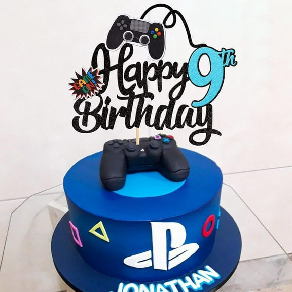 1 PCS Video Game Happy 9th Birthday Glitter Video Game Cake Pick Game On Controllers Nine Cheers to 9 Years Cake Decoration for Happy 9th Birthday Party Supplies Blue