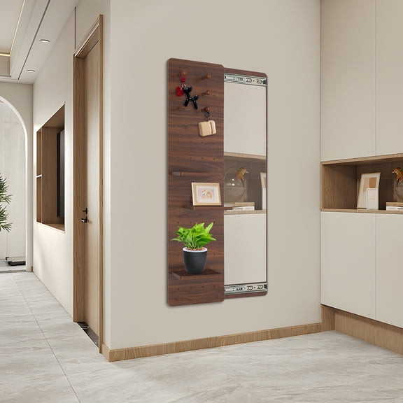 1 PCS Walnut Color Hide Wall Mounted Mirror, Mirror with Shelves and Hooks, Full-length Mirror With Slide Rail for the bedroom, living room, entryway, dressing room