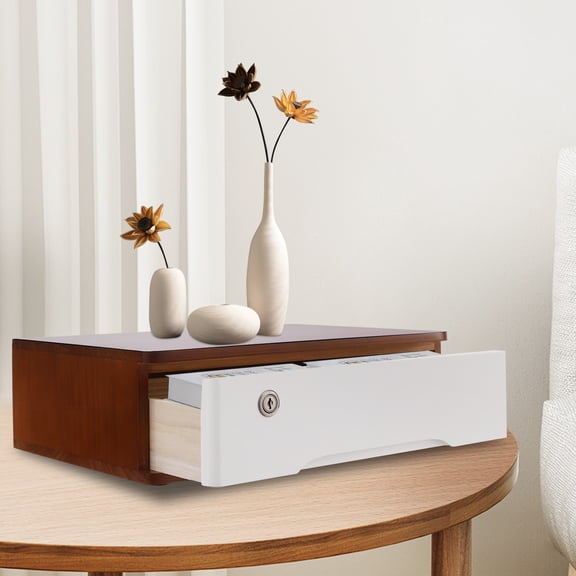 1 PCS  Walnut Color and White Desktop Storage Box with Lockable Drawer, Office Supplies Drawer Organizer, for Office, Study, Dresser, Desktop Storage Box, Desktop Storage Box with Lockable Drawer