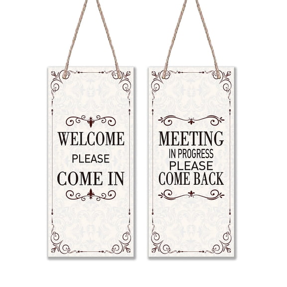 1 PCS Welcome and Meeting Wooden Signs Office Wall Decorative Double Sided Plaque Welcome and Meeting In Progress Wall-mounted Hanging Wood Signs