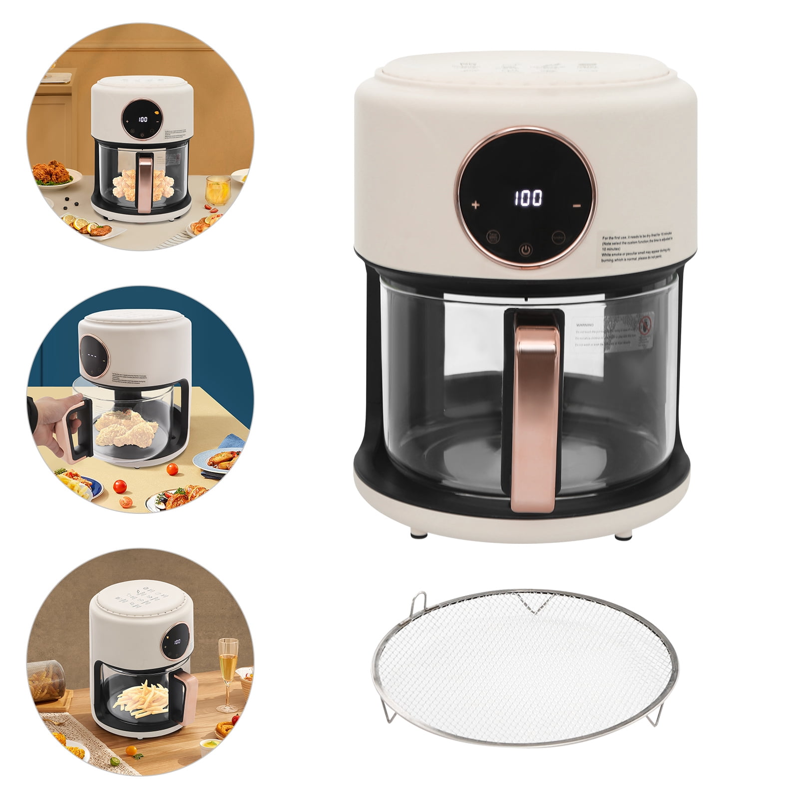 1 PCS White Airy Fryer, Glass Air Fryer, 360° Viewable Airy Fryer, Voltage: 110V, Power: 1200W, 25*32cm/9.84*12.6in
