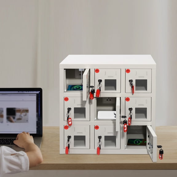 1 PCS White Cell Phone Locker, Cell Mobile Phone Steel Locker, 9 Compartments Cell Phone Locker With Charging Station