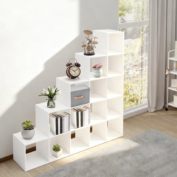 1 PCS White Ladder Cube Storage Bookcase, L-Shaped Corner Shelf, 15-Cube Organizer for Home & Office