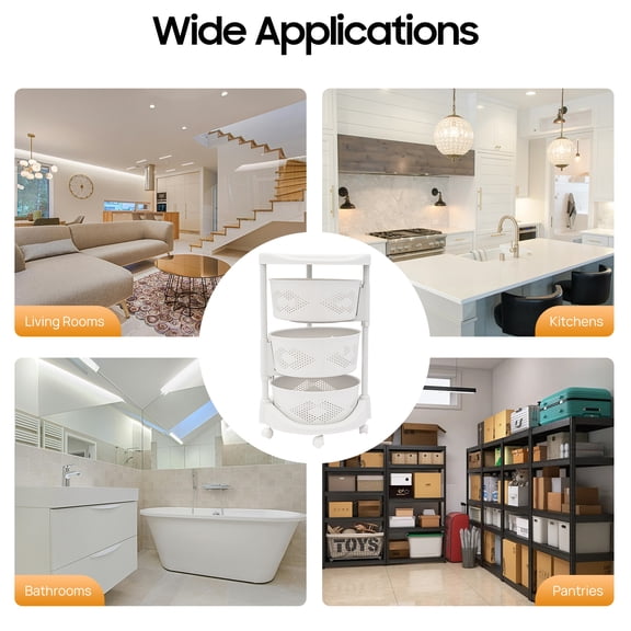 1 PCS White Storage Rack, Kitchen Storage Basket Cart, Rotating Storage Shelves Rack