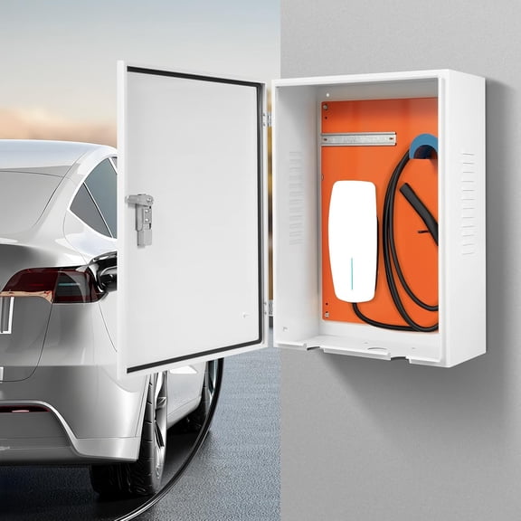 1 PCS White and Orange Wall EV Charger Protective Box, Charging Cable Organizer Wall Charger Holder Box, Charger Station Box