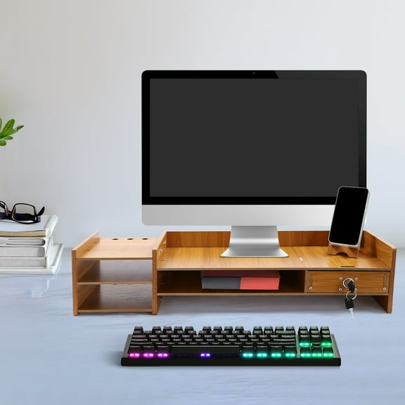 1 PCS Wood Color Computer Monitor Stand, Computer Rack with Lockable Drawer, Monitor Stand