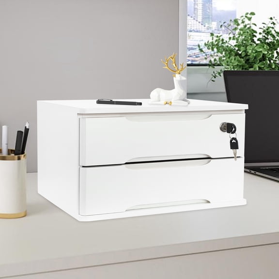 1 PCS Wooden Desktop Storage Box, Desk Organizer, Desktop Storage Box with Lockable Drawers, White, Max. Load Capacity: About 30kg/ 66.14 lbs