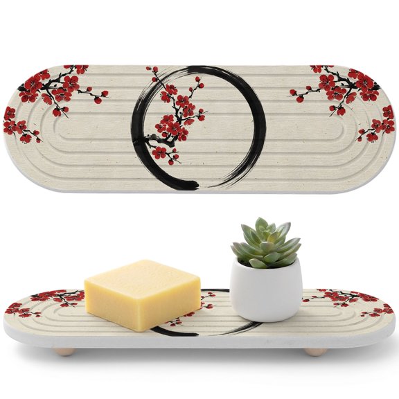1 PCS Zen Circle Plum Blossom Water Absorbent Diatomite Coasters Vintage Rustic Asian Black Red Traditional Ink Non-silp Diatomite Stone Sink Tray with Grooved Design for Bathroom Kitchen 12x4in