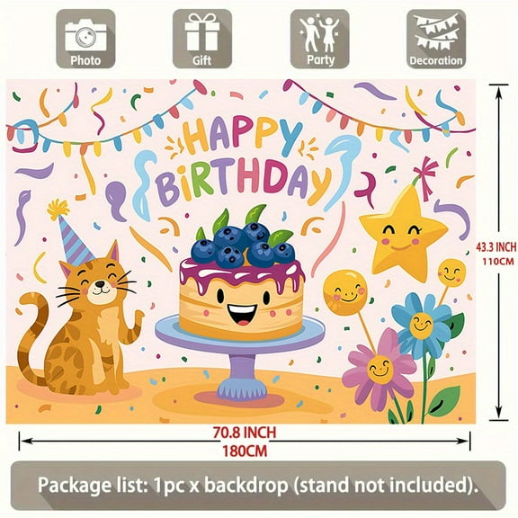 1 PCs Colorful Happy Birthday Banner-Cat, XINGX with Colorful Paper Scrap Design, Durable Polyester Four Seasons Indoor Wall Decoration, Photo Props & Party Background, Colorful Party Supplies