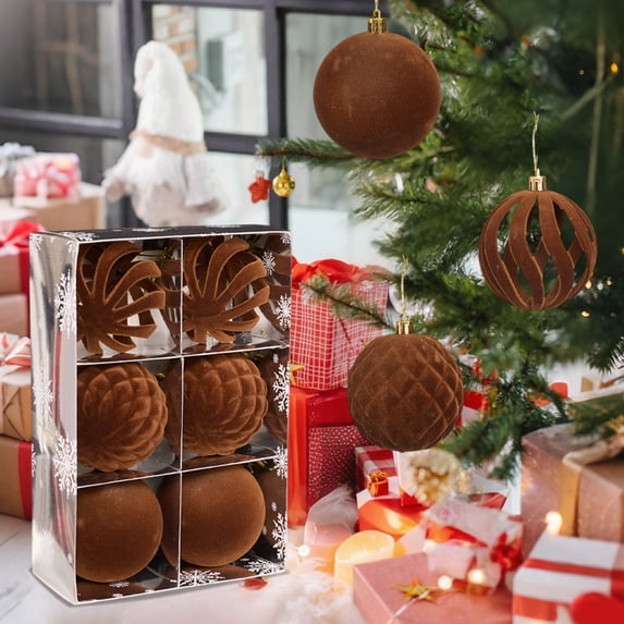 Under $1 PEONAVET 6Pcs Flocked Velvet Christmas Ball Shatterproof Solid Plastic Ball for Christmas Tree Decorations 3.15 Inch Large Christmas Tree Ornaments(Brown)