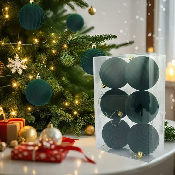 Under $1 PEONAVET 6Pcs Flocked Velvet Christmas Ball Shatterproof Solid Plastic Ball for Christmas Tree Decorations 3.15 Inch Large Christmas Tree Ornaments(Green)