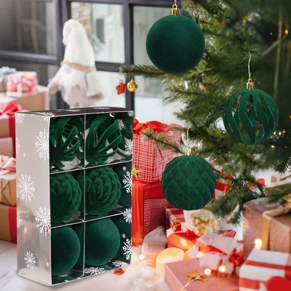 PEONAVET Christmas Ball 6Pcs Flocked Christmas ornaments Luxury Shatterproof Christmas Tree Decorations for Xmas Holiday Party(Green,3.15inch)
