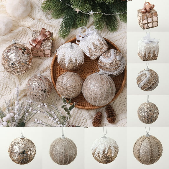 Under $1 PEONAVET 8Pcs Christmas Balls 3.94 Inch Large Christmas Tree Ornaments Hanging Shatterproof Hand-painted Gift Box Balls for Xmas Party Decorations(Beige)