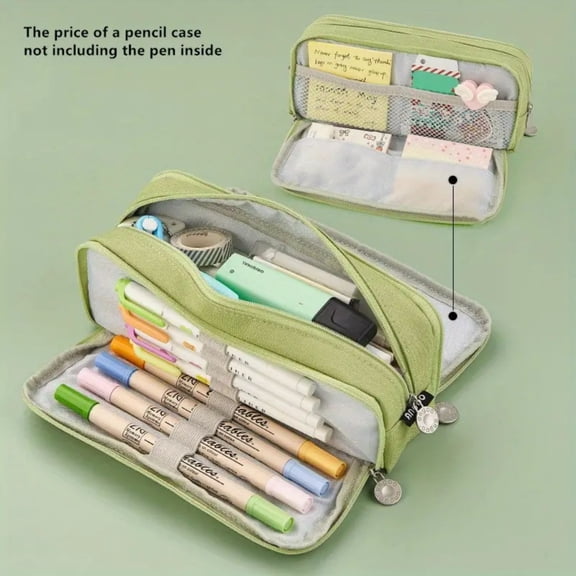 PEONAVET Large Capacity Pencil Pouch Multi-layer Cloth Pencil Case Student Stationery Storage Box Pencil Case Crossborder Pen Container(Green)