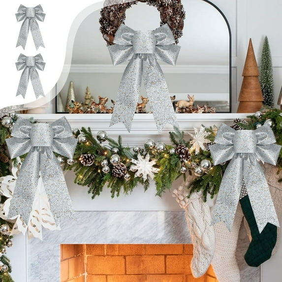 Under $1! PEONAVET Large Christmas Bow 2 Pcs Glitter Bow Wreath Decoration for Xmas Tree Topper Chrsitmas Bow Ornaments for Xmas Parties Indoor Outdoor Crafts DIY Decor(Silver)