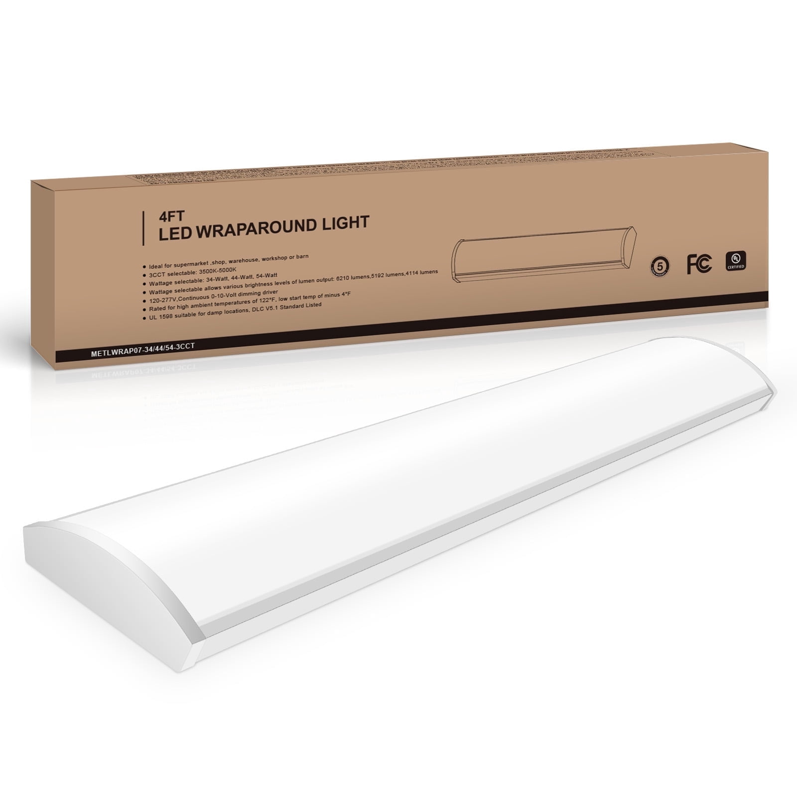 1 PK 4FT LED Wraparound Light,48 inch Garage Lights Ceiling, 54W, 6210LM, 3500/4000/5000K, 120-277V Commercial Electric 4FT Led Light Fixtures for Garage,Laundry Room,Warehouse,Closet,Shop,UL & DLC