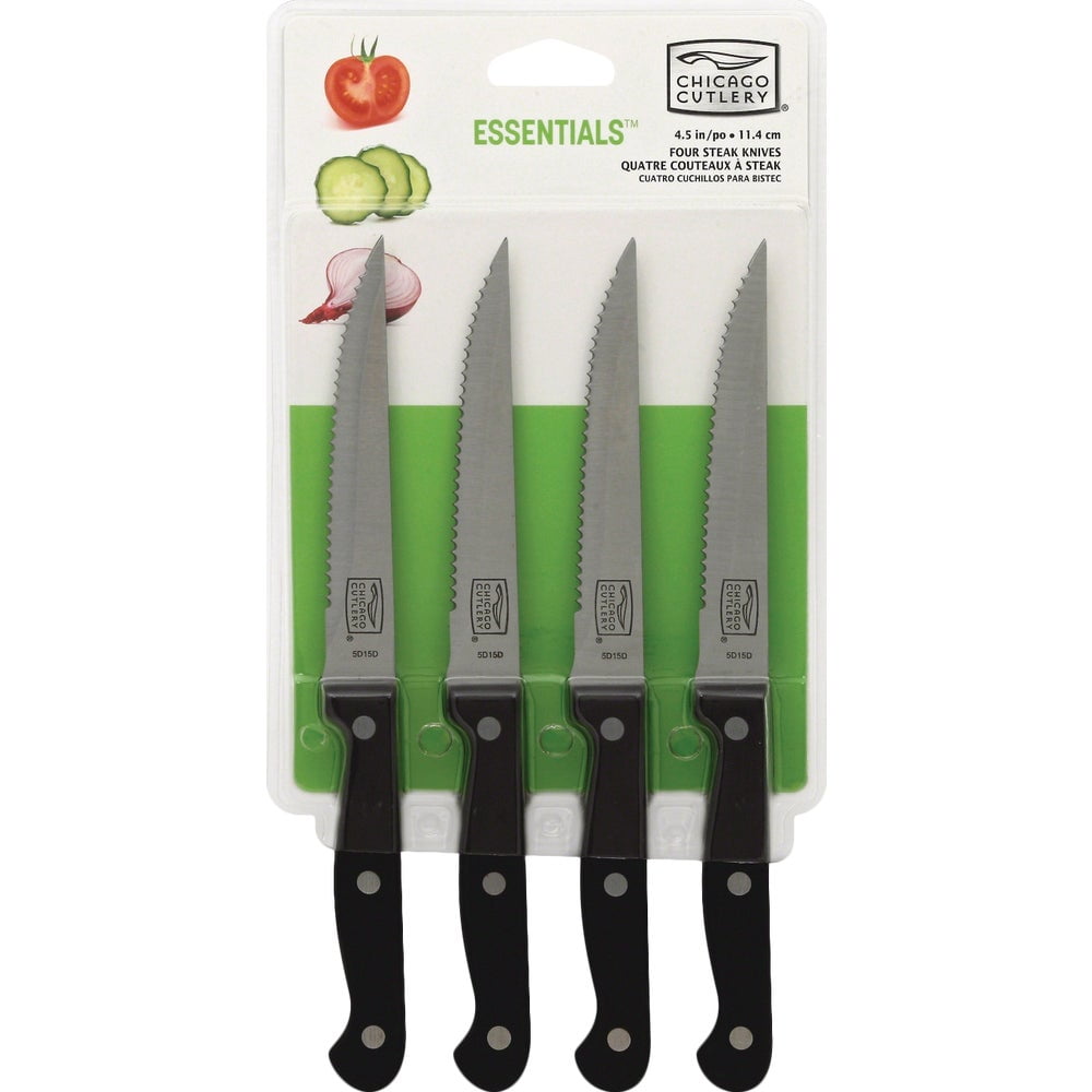 Essentials 4-Piece Stainless Steel Steak Knife Set with Black Polymer Handles