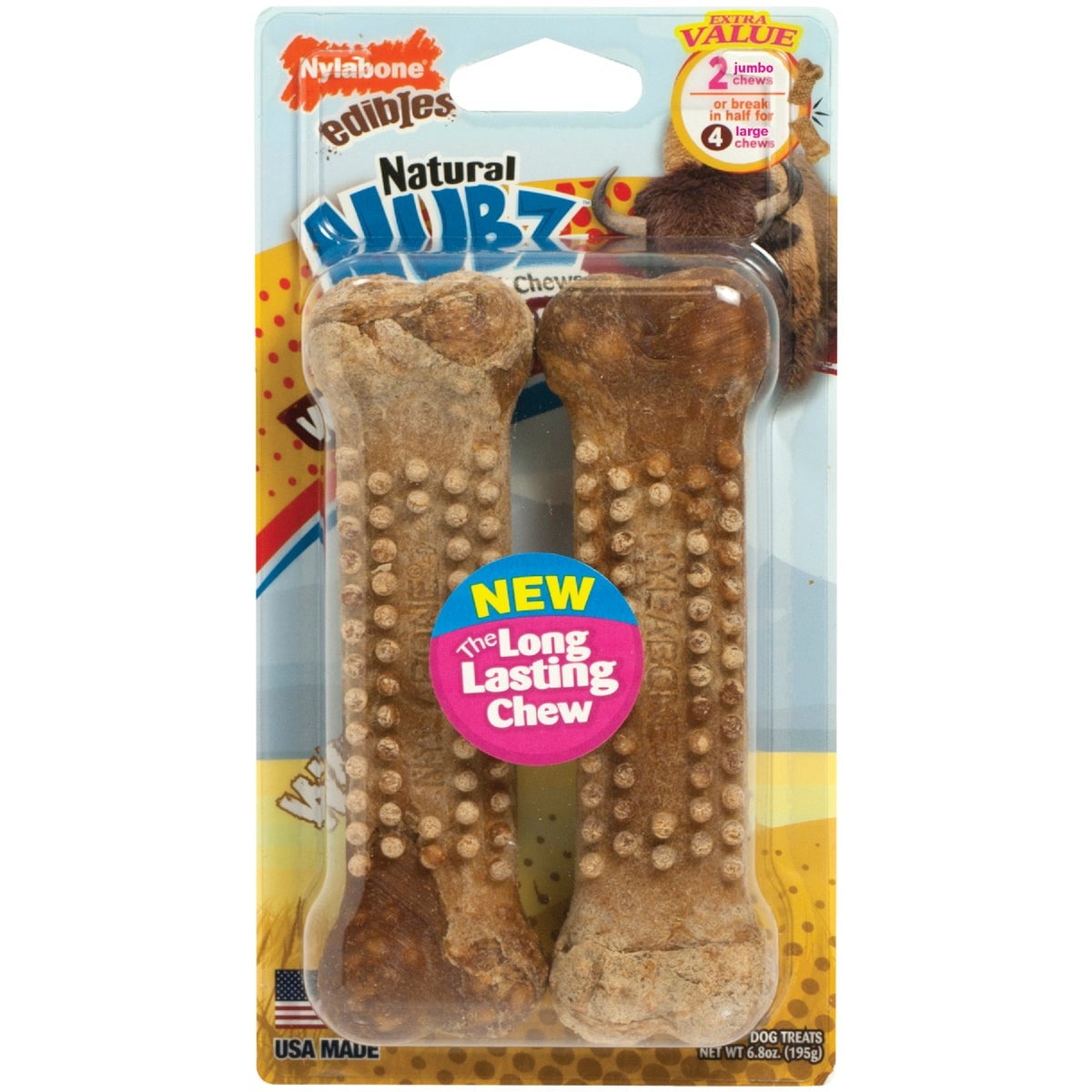 1 PK, Nylabone Nubz Wild Natural Long Lasting Edible Bison Flavor XL Jumbo Dog Chews (2Pack