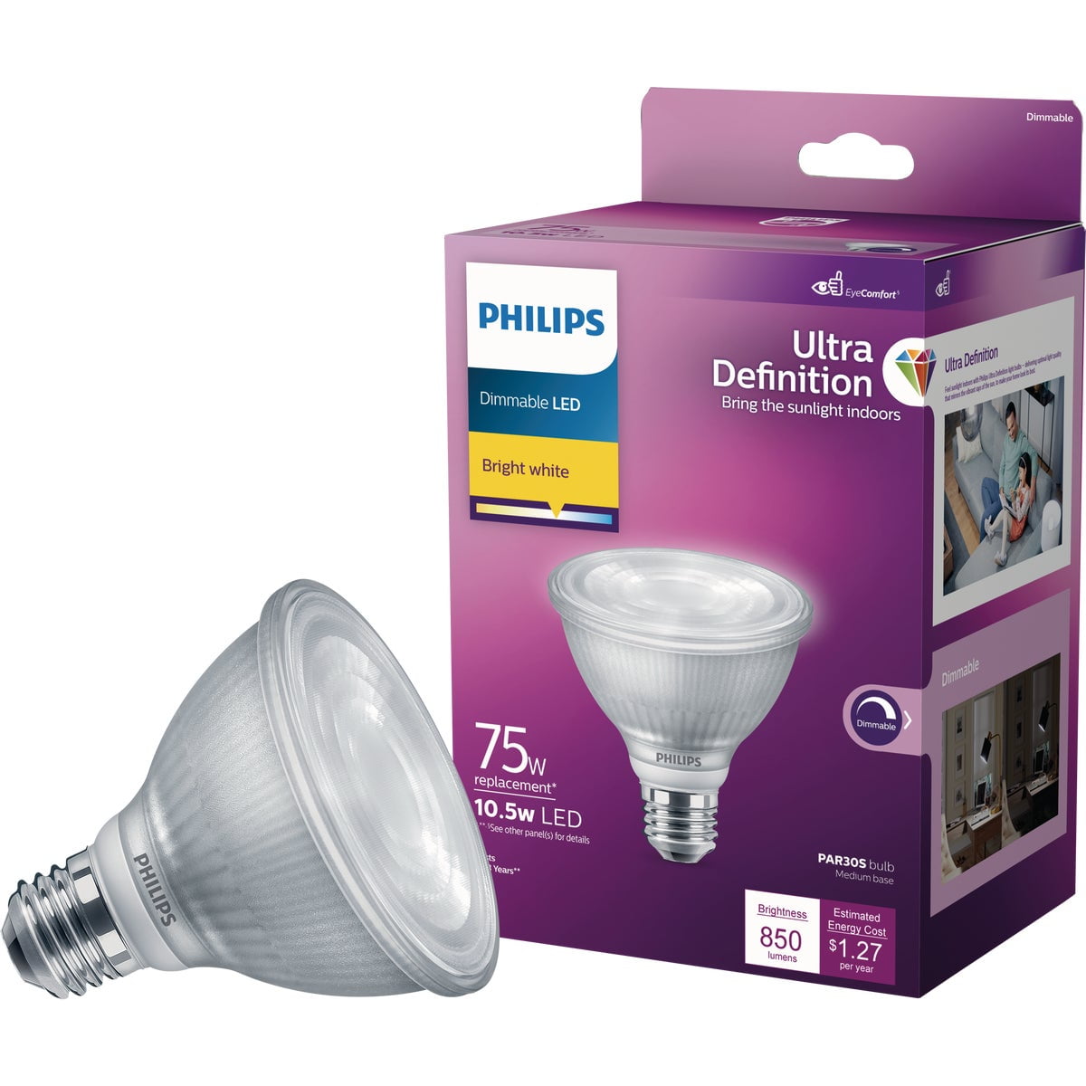 1 PK, Philips Ultra Definition 75W Equivalent Bright White PAR30S Medium Dimmable LED Floodlight Light Bulb