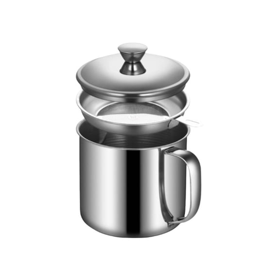 1 Pack 1.1L Stainless Steel Grease Container with Strainer, Oil Storage Can and Fat Separator with Fine Mesh Filter, Dust-Proof Lid and Handle for Kitchen (Silver)