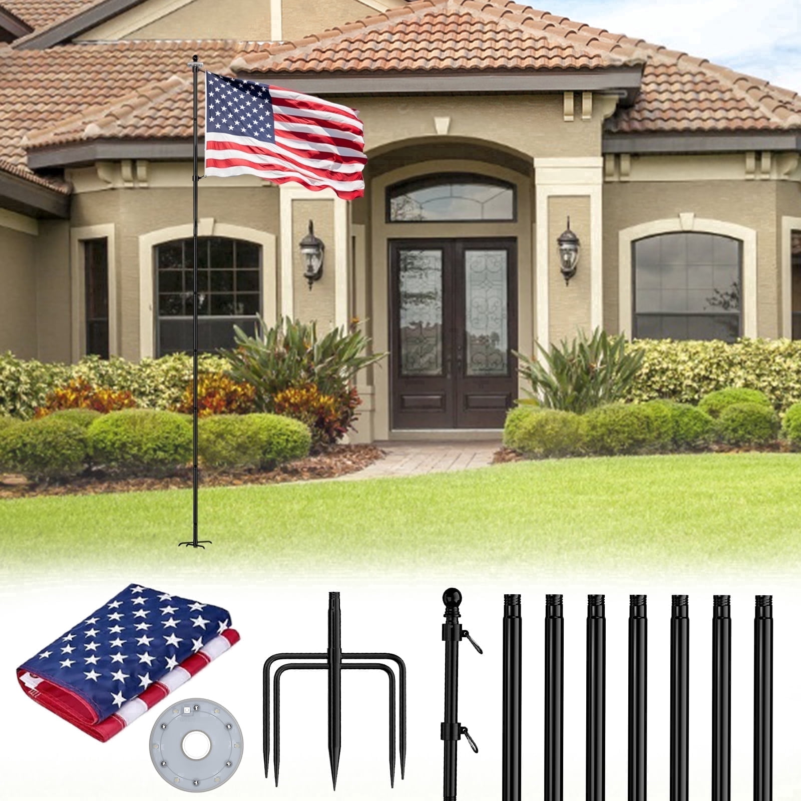 FIASON 1 Pack 10 FT Black Stainless Steel Flag Pole, Heavy Duty Tangle-Free Flagpole with Solar Light, American Flag & 5-Prong Base, In-Ground Kit for Residential Commercial Outdoor Use