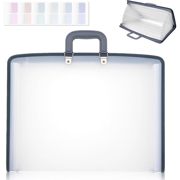 1 Pack 11 x 17 Art Portfolios, Expanding File Organizer with 13 Pocket for Artwork, Painting Document Binder with Handle, Zipper and 120 Pcs Sticky Labels, Oxford Cloth Edge (Grey)
