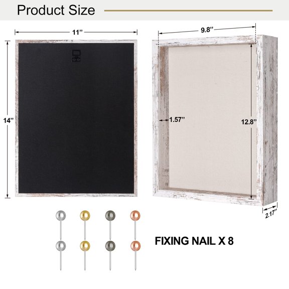 1 Pack 11x14 Shadow Box Frame with Linen Back, Magnetic Front-Opening Door, Display Case for Flowers, Photos, Medals, Distressed White
