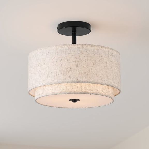 1-Pack 12.6 Inch Flush Mount Ceiling Light, 3-Light Drum Shade Close to Ceiling Fixture with 2-Layer Linen Fabric Shade, White
