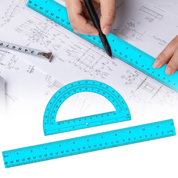 1-Pack 12" Ruler & Protractor Set, Transparent PVC Geometry Drawing Kit for School Classroom Office Home Use, Durable Math Measuring Tools for Students Teachers Engineers, Blue, By Harlik