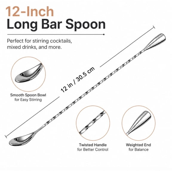 12 Inch Stainless Steel Bar Spoon, Long Handle Cocktail Mixing Spoon for Home Bar, TIKA