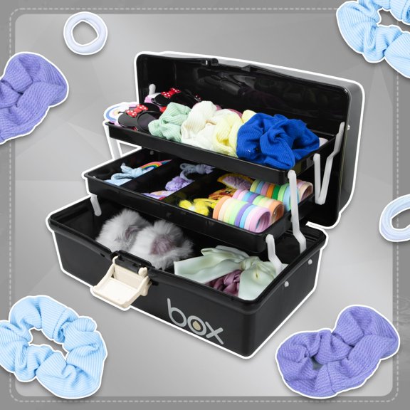 1 Pack 12in Three-Layer Storage Box Organizer, Folding Tool Box with 2 Trays, and Supplies Case, Compartment Organizer, Black