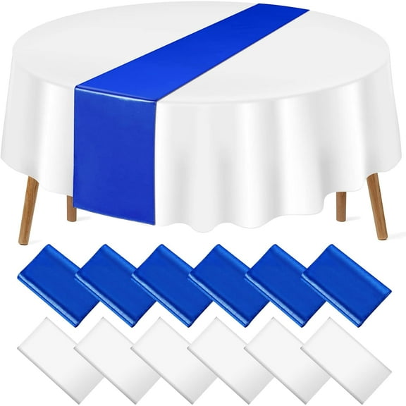 1 Pack 12x108 Inch Satin Table Runner and 84 Inch Round Plastic Tablecloths Set Royal Blue and White Disposable Table Cover for Graduation Wedding Bridal Shower Anniversary Birthday Party Decorations