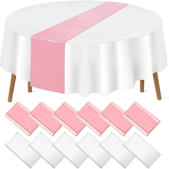 1 Pack 12x108 Inch Satin Table Runner and 84 Inch Round Plastic Tablecloths Set White and Rose Gold Disposable Round Table Cover for Graduation Wedding Shower Anniversary Birthday Party Decorations