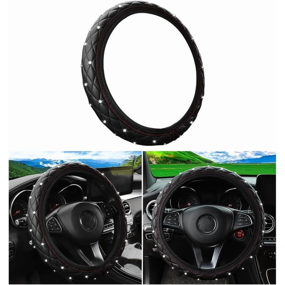 1 Pack 15 Inches Elastic Stretch Leather Car Steering Wheel Cover, Bling Diamond Vehicle Decor Accessories for Most Vehicles, Black