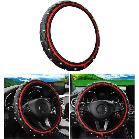 1 Pack 15 Inches Elastic Stretch Leather Car Steering Wheel Cover, Bling Diamond Vehicle Decor Accessories for Most Vehicles, Red