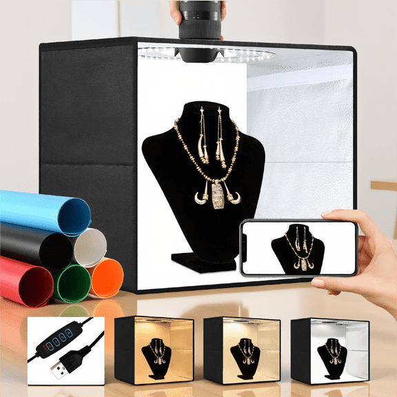 1-Pack 16x16x12 Inch Photo Studio Light Box with 120 LEDs, 3 Color Temperatures, 6 PVC Backdrops, Foldable Shooting Tent