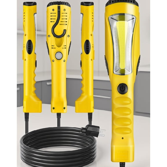 1-Pack 18W COB LED Work Light, 2000LM Handheld Trouble Light, 15FT 16AWG Cord, Swivel Hook, Outlet, Yellow
