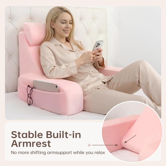 1 Pack 19 Inch Reading Pillow for Bed with Fixed Arms, Back Support Backrest with Large Side Pockets for Couch, Dorm, Chair