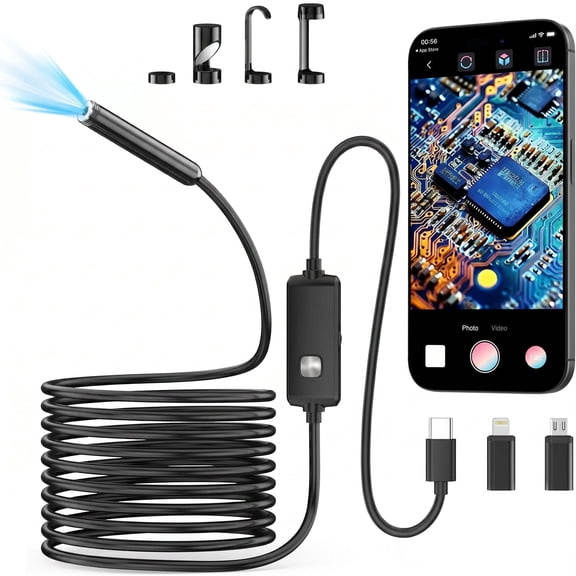 1 Pack 1920P HD Borescope Camera with 8 LED Lights, 16.4ft Semi-Rigid Snake Cable, IP67 Waterproof, Works with iOS and Android
