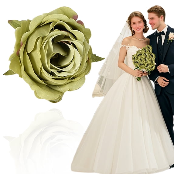 1 Pack 2.8'' Green Silk Rose Flower Heads, Lifelike Fake Roses for Floral Arrangement DIY Craft Bridal Bouquets Wreath Garland, Faux Rose Flower for Wedding Decorations Table Centerpieces Home Decor