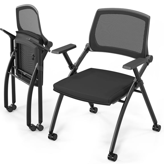 1 Pack / 2 Pack Stackable Conference Room Chairs with Wheels, Folding Office Chair with Rebound Back, Padded Seat for Training Room, Guest, Reception, Event, Capacity 350lbs, Black