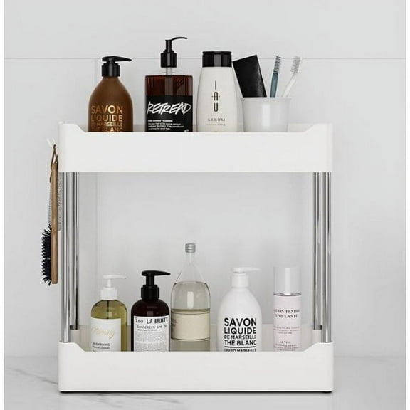 1 Pack 2-layers Under sink organizer, under kitchen/bathroom sink organizers and storage, under cabinet storage, Upgrade strengthening structures- Anti rust- 2 Hooks included- White