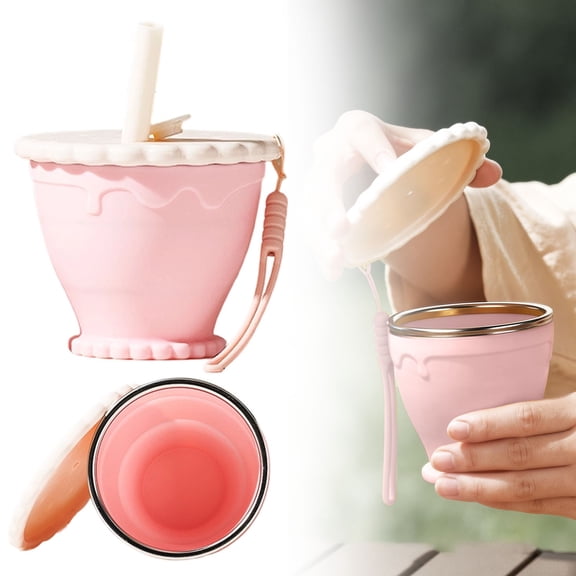 1 Pack 200ml Collapsible Silicone Travel Cup, Portable Folding Drinking and Toothbrush Cup with Lid and Lanyard, Space-Saving Outdoor Camping Mug, 9x8.4 cm (Pink)