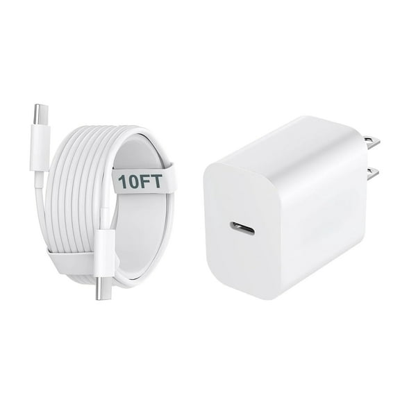 1 Pack 20W USB-C Fast Charger with 10FT Type-C Cable for iPhone 15/15 Pro/15 Pro Max, iPad, AirPods, Samsung Galaxy & Android Phones,White