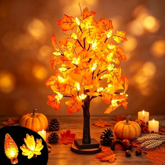 1 Pack 24 Inch Artificial Fall Lighted Maple Tree with 24 LED Lights Battery Operated Tabletop Maple Tree for Indoor Home Harvest Thanksgiving Fall Decorations
