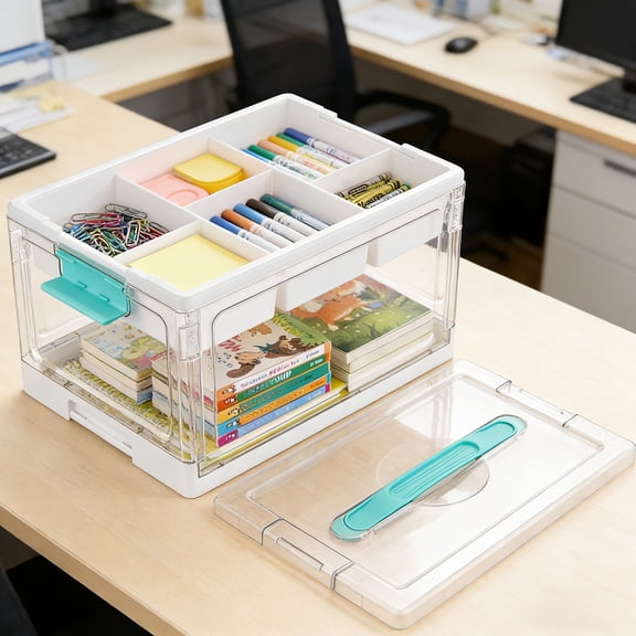 1-Pack 24 QT Clear Plastic Storage Box with Removable Trays & Dividers, Heavy-Duty Organizer for Table, Drawer & Shelf. Lightweight Storage Container, Desk Organizer for Home Office Organization