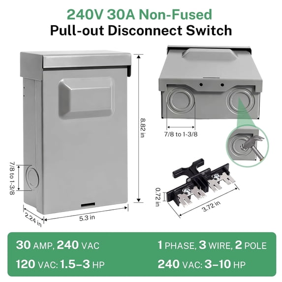 1-Pack 240V 30A Non-Fused Outdoor AC Disconnect Box, 2-Pole 1-Phase 3 ...