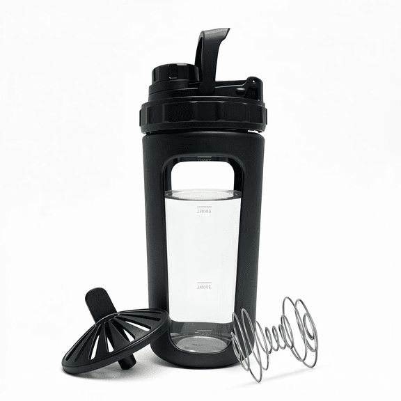 1-Pack 26oz Borosilicate Glass Protein Shaker Bottle with Stainless Steel Mixing and Silicone Sleeve, Leak-Resistant Lid, Graphite Black