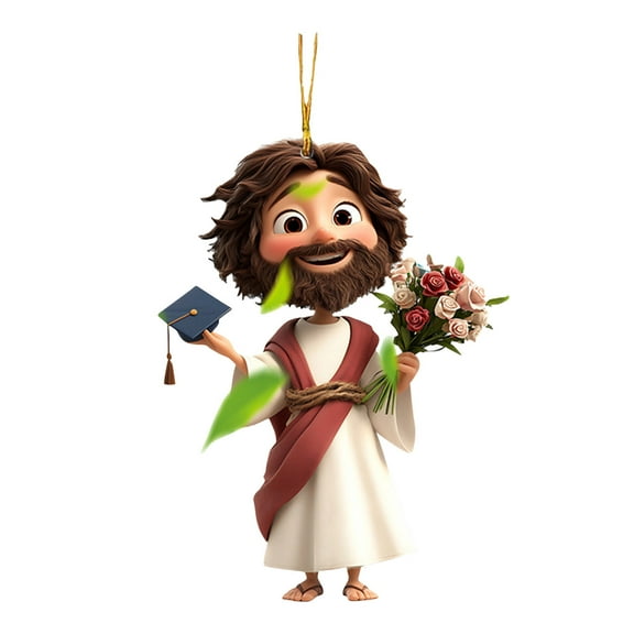 1 Pack 3.1 Inch 2D Cartoon Jesus Figurines - Colorful Boxwood Christian Wall Decor for Home, Office, Christmas Tree - with Stand, Hanging Rope & Adhesive for Desk, Car, Gift